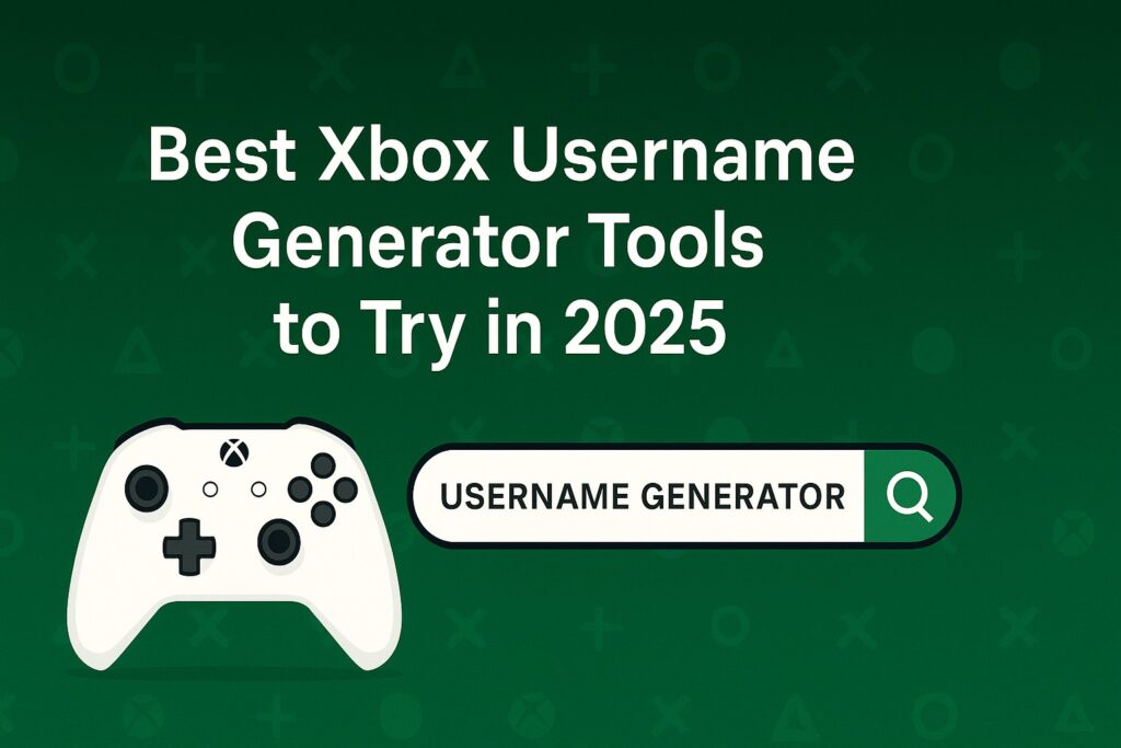 Xbox controller and search bar on green background promoting 2025 username generators
