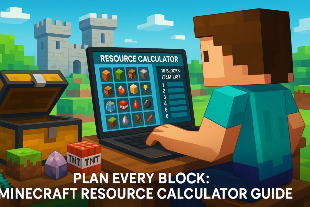 Digital illustration of a Minecraft builder using a laptop with a resource calculator, surrounded by blocks and a castle in the background.