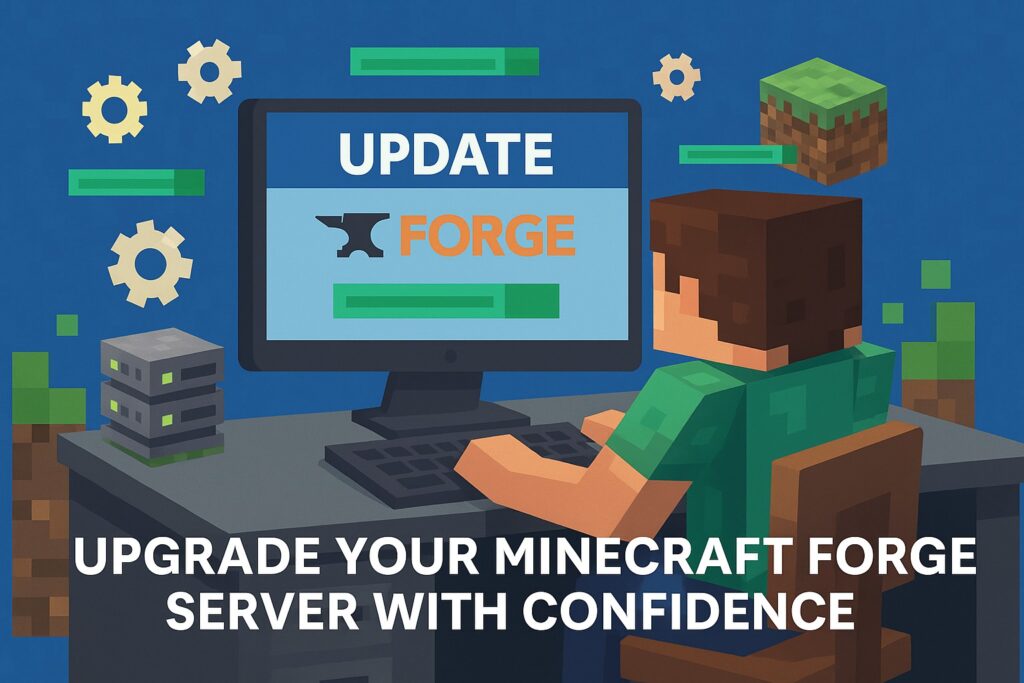 A digital illustration shows a Minecraft server admin updating Forge on a computer, surrounded by pixel gears, green progress bars, and Minecraft blocks.