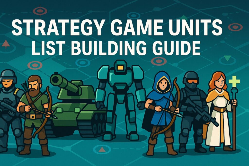Modern digital illustration of diverse strategy game units lined up in a formation, including tanks, archers, robots, and support characters on a stylized battle map background.