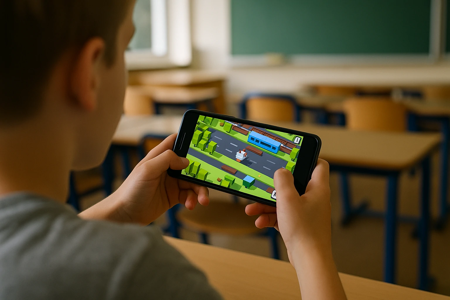 Child holding a phone and playing the Crossy Road game offline in a casual indoor setting.