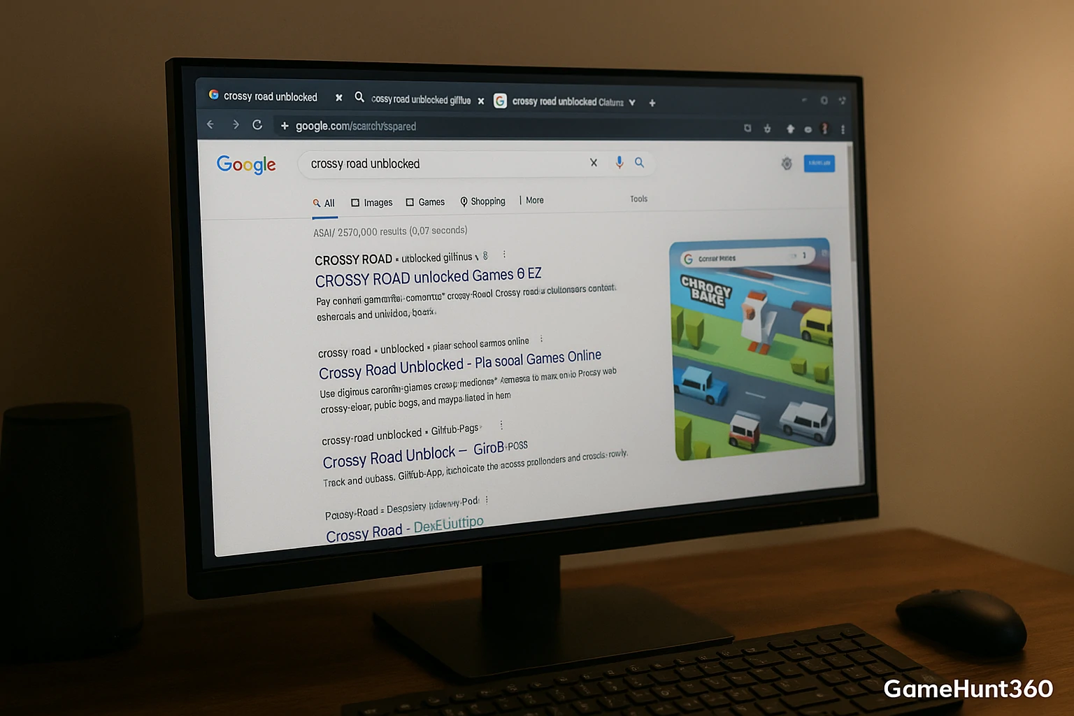 computer screen showing search results for Crossy Road unblocked sites, highlighting different mirror options.