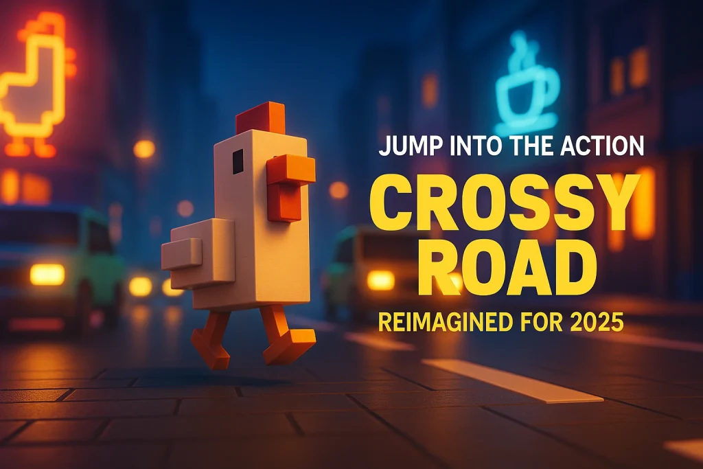 Digital illustration showing Crossy Road gameplay characters running across a busy road with bold text in the image corner promoting unblocked access