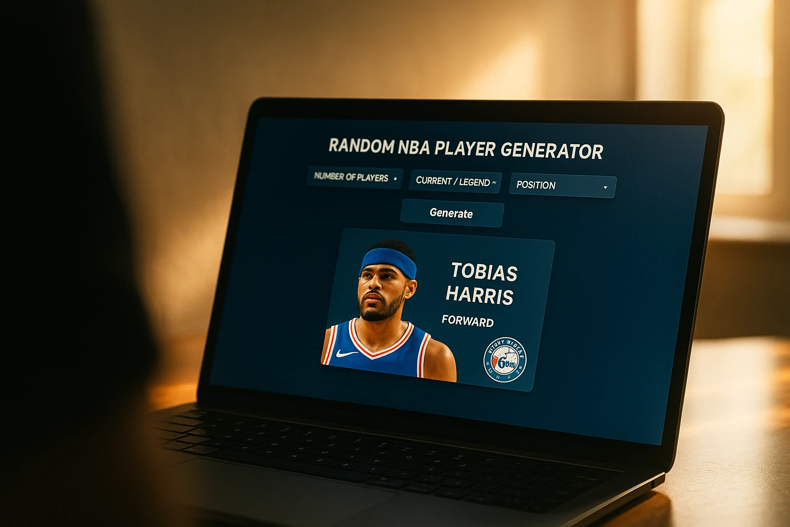 Laptop screen displaying a random NBA player generator app with Tobias Harris shown as the result.
