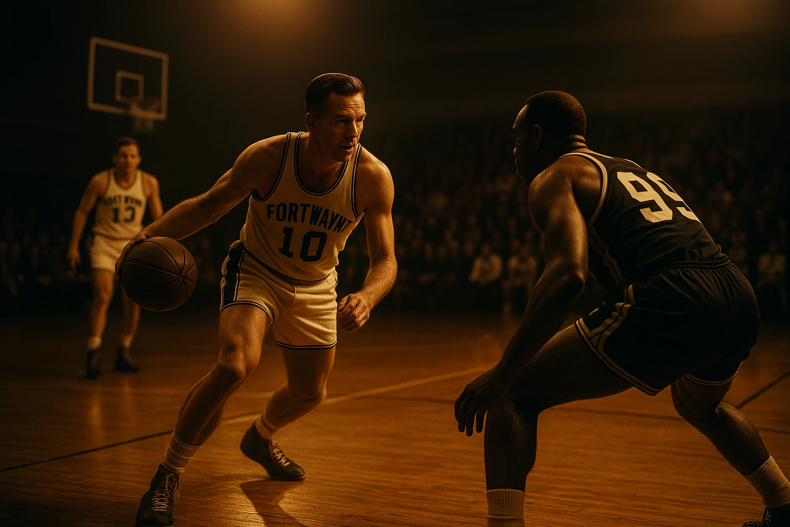 An old, worn basketball sits on a hardwood court under warm sunlight with a hoop in the distance.