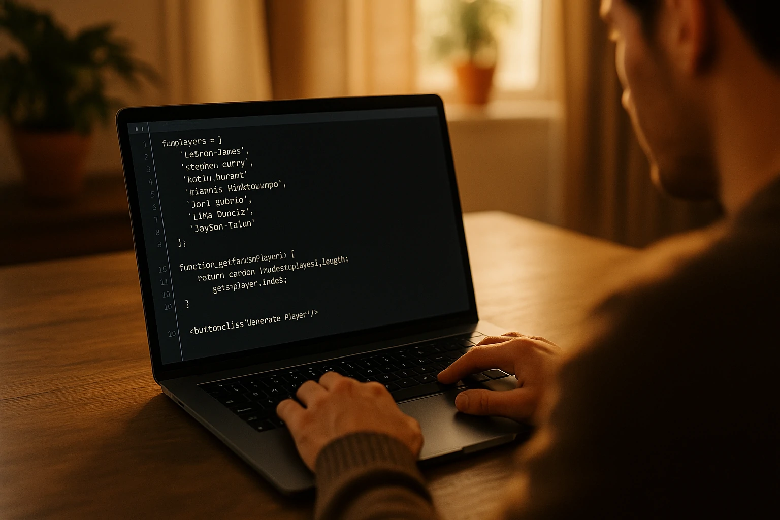A person coding a random NBA player generator on a laptop in a warm-lit room.