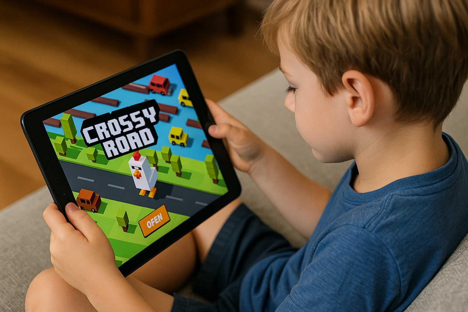 A young child sits on a couch and plays the Crossy Road game on a tablet screen.