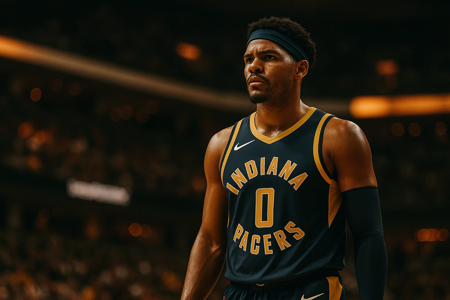 Indiana Pacers player in navy and gold jersey standing focused on court under warm arena lights.