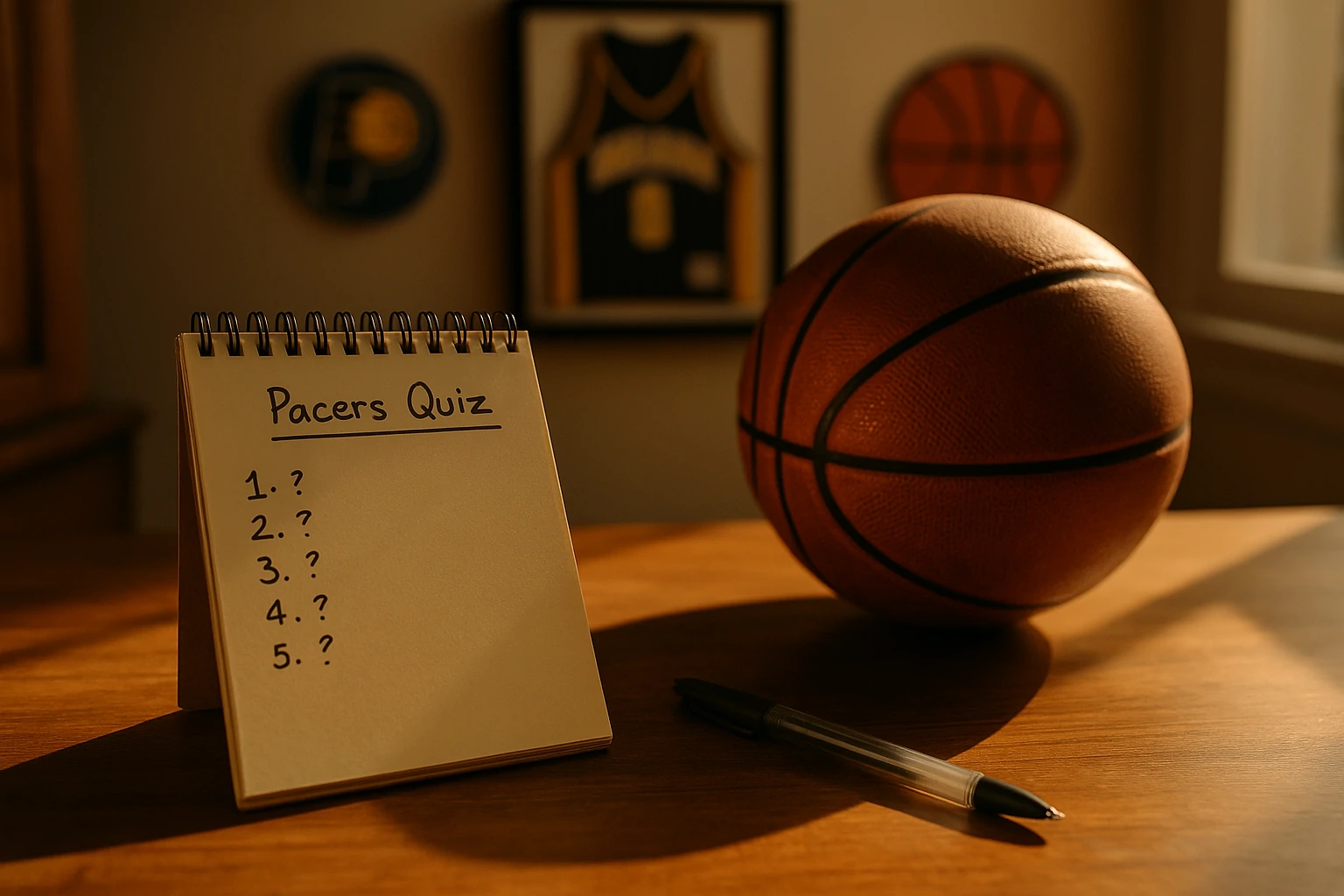 Notebook titled "Pacers Quiz" beside a basketball and framed Indiana Pacers memorabilia in warm sunlight.