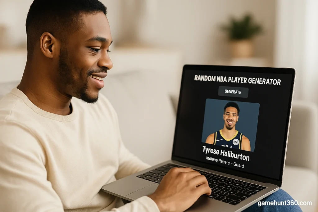 Smiling man enjoying basketball trivia game with random NBA player generator.