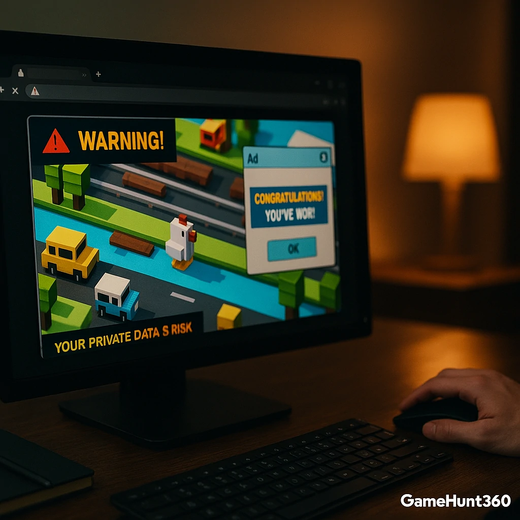 Realistic desktop showing Crossy Road with warning pop-up ads, highlighting risks of unblocked game sites.