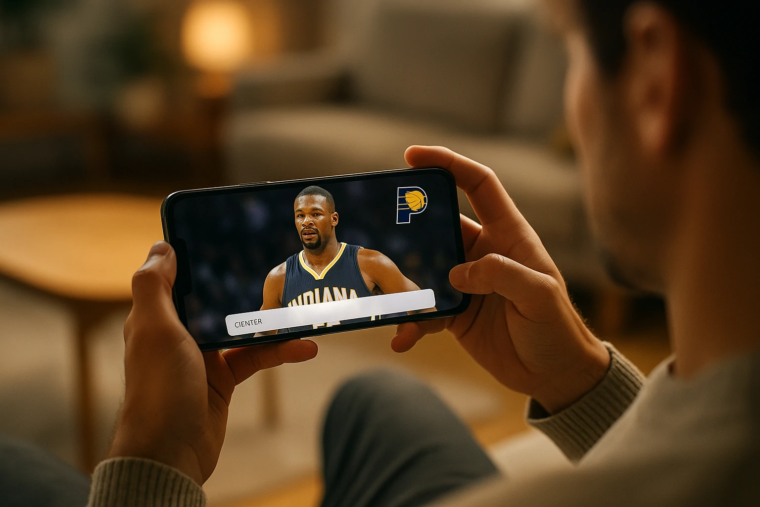 Person holding smartphone showing a random Indiana Pacers player using an NBA generator app.