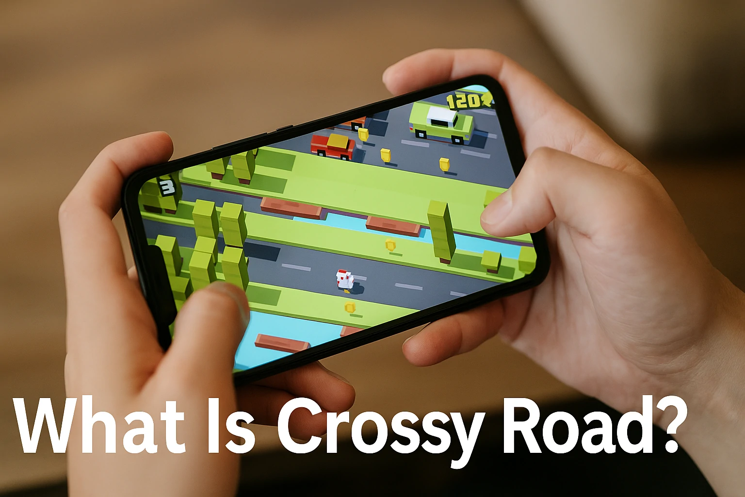 A person playing Crossy Road on a mobile phone, with vivid blocky graphics visible on screen.