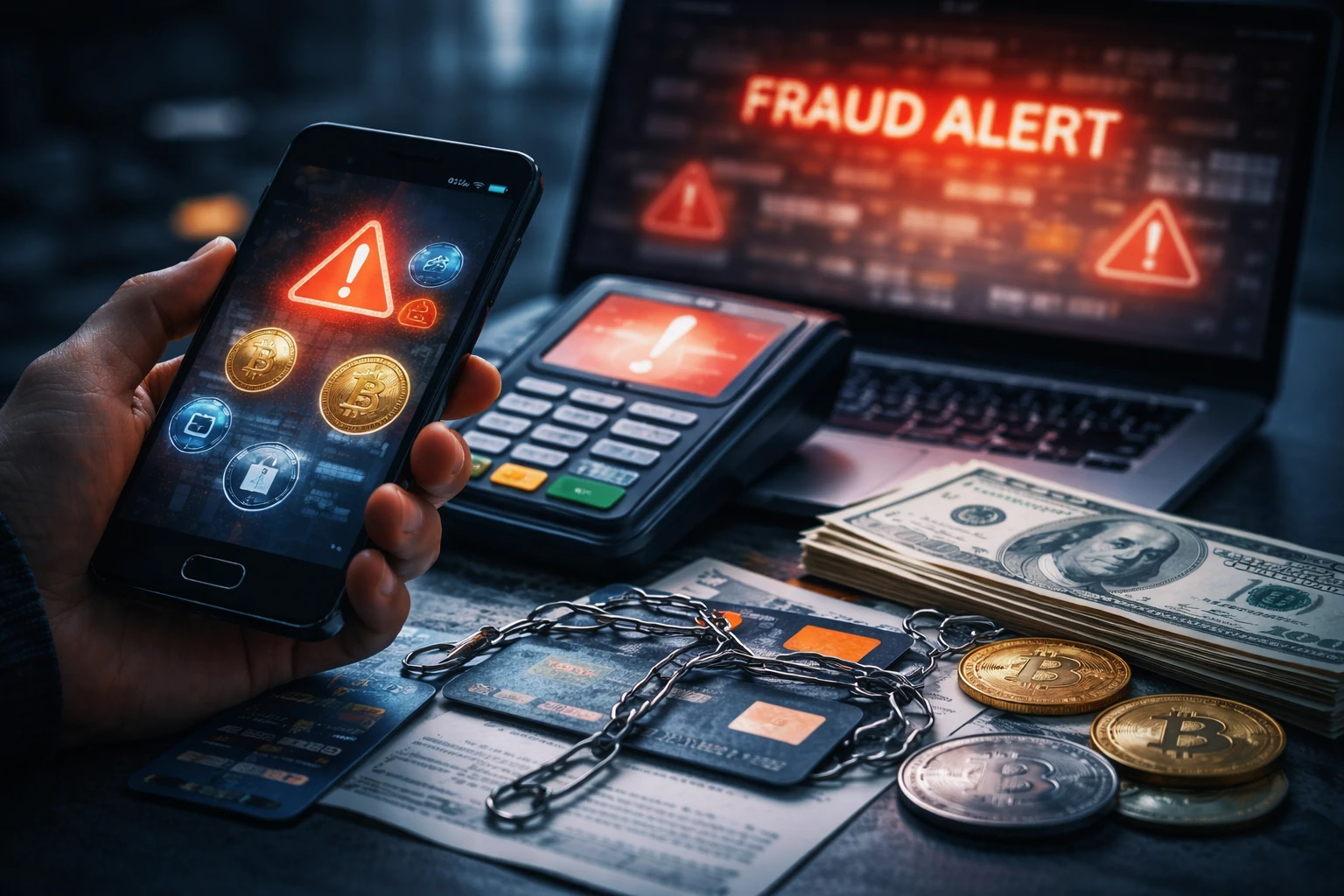 Smartphone and payment devices beside cash and digital coins, showing risks linked to unsafe online payment methods.