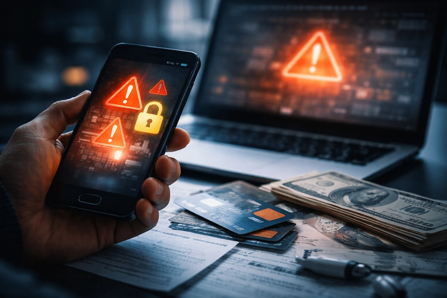 Smartphone showing security warnings beside payment cards and cash, representing data and financial risks linked to dingdong togel platforms.