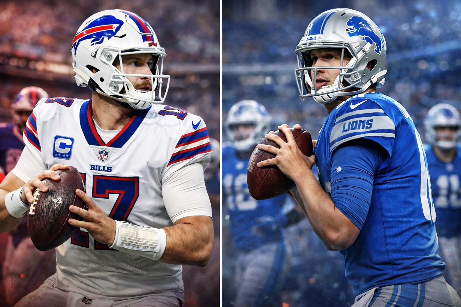 Josh Allen and Jared Goff in action during the Buffalo Bills vs Detroit Lions quarterback comparison.