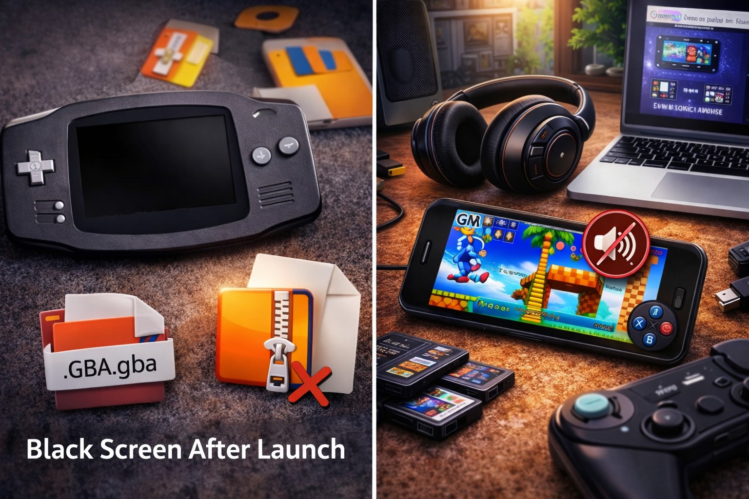 Realistic troubleshooting scene showing Sonic Advance ROM problems on emulator, including black screen after launch and no sound on Android and PC.