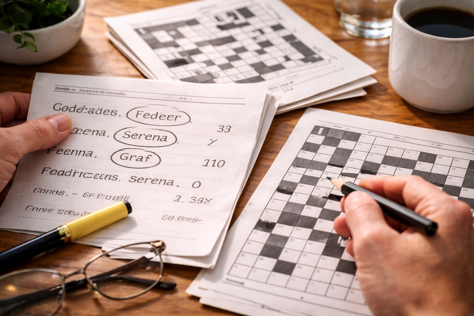 Hands solving an athlete-based crossword puzzle with famous tennis surnames, pencils and notes on a wooden table in natural light.