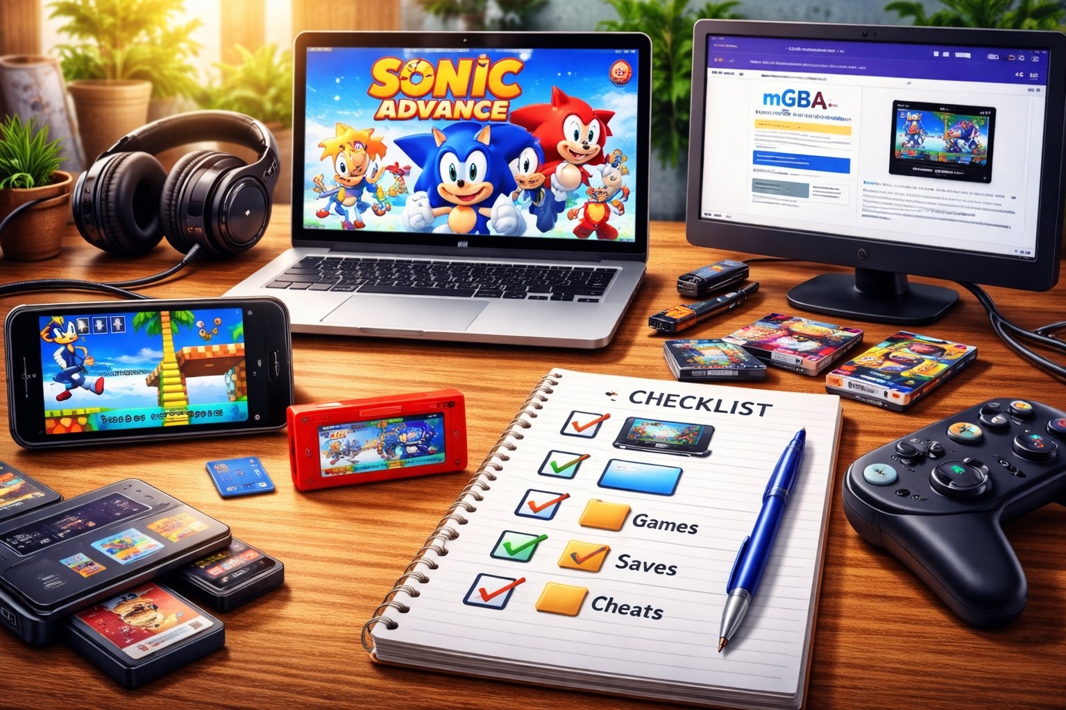 Realistic setup scene showing Sonic Advance ROM on Android and PC with emulator tools, controller, and organized checklist.
