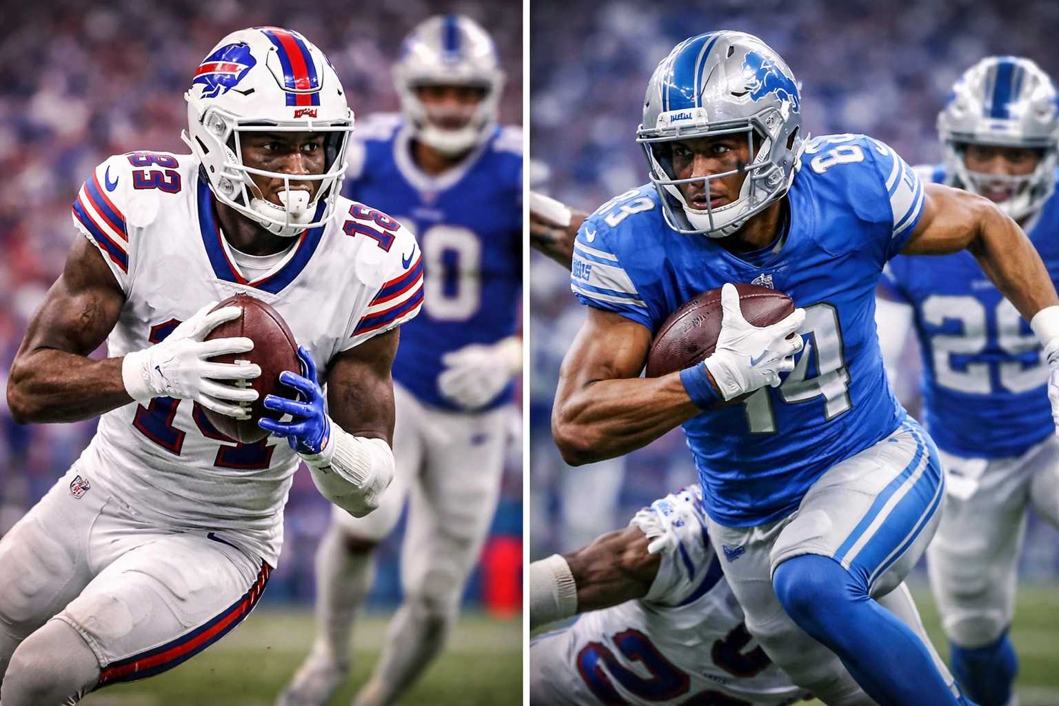 Buffalo Bills and Detroit Lions wide receivers in action during a passing play in the Bills vs Lions matchup.